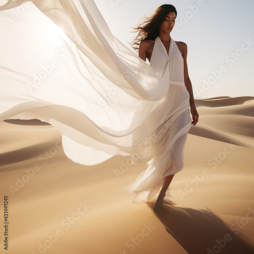 Canvas Print Woman in a long white dress walking in the desert with flowing fabric in the win