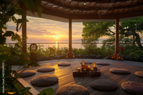 Serene wellness retreat, where individuals engage in mindfulness practices, yoga, and meditation, showcasing the growing focus on holistic health and self - care in modern healthcare