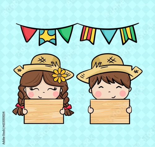Drawing boy and girl with straw hats holding a wooden sign festa junina brazil
