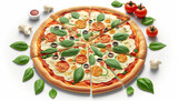 Overhead view of a deliciuos pizza on a white background - Generative AI