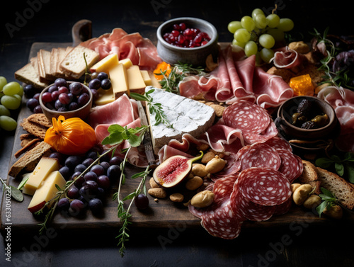 Charcuterie board filled with cheeses, thinly sliced cured meats, nuts, olives and other foods presented as an appetizer. Charcuterie and cheese platter. Trendy snack platter on dark background