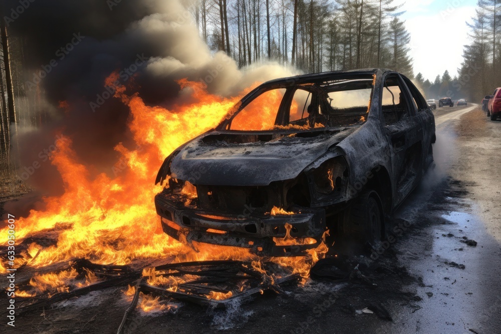 Silhouette of firefighters extinguishing a car fire in the forest, natural disaster, forest fires in Europe, Greece and America, heat wave leads to forest fires and destruction.