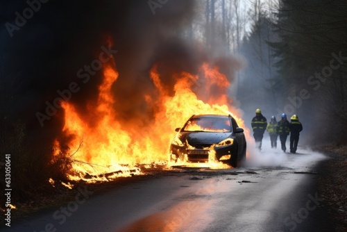 Silhouette of firefighters extinguishing a car fire in the forest, natural disaster, forest fires in Europe, Greece and America, heat wave leads to forest fires and destruction.