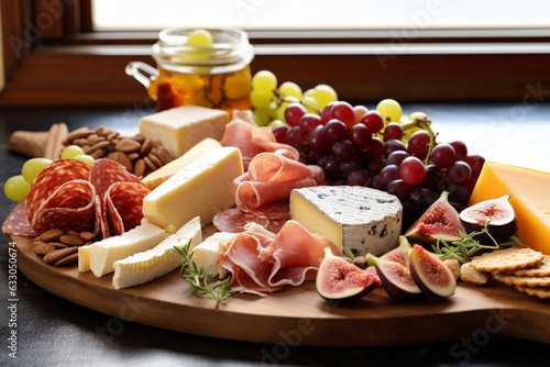 Appetizers platter with assorted cheese, sliced cured meat, grape, crackers, nuts and other snacks. Charcuterie board and cheese platter on a kitchen table in front of a window