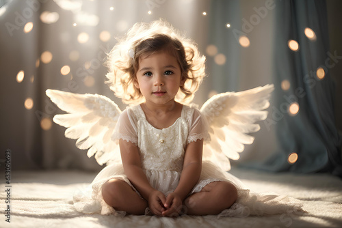 A little angel, an innocent child with wings in a white dress