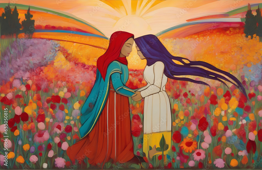 Fototapeta premium A colorful picture of two women holding hands in a meadow of flowers