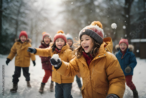 Joyful happy children play in winter, make snowballs, throw at each other