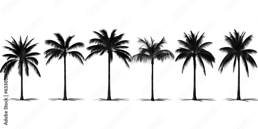 Set / Collection of black palm trees isolated on transparent background cutout PNG , Silhouette