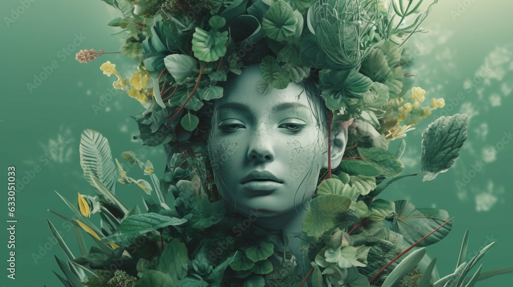 Wallpaper with a surreal portrait of plants.Generative AI