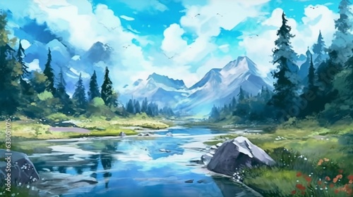 Watercolor landscape with mountains forest and river.Generative AI