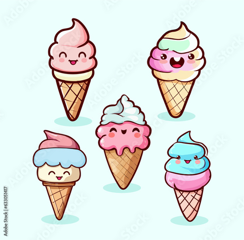 A collection of ice creams with different faces