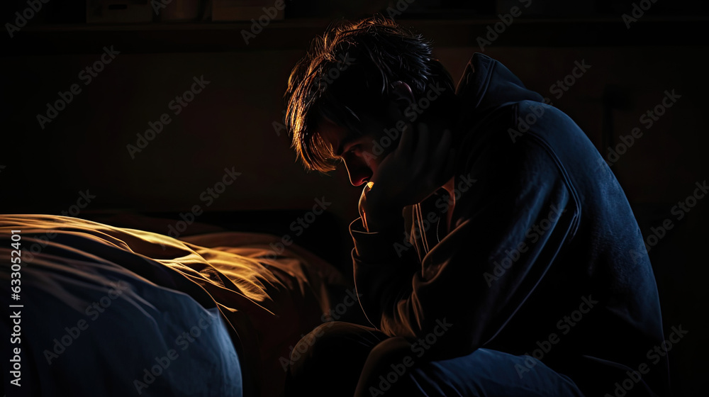 Depressed man sitting head in hands on the bed in the dark bedroom, lonely and unhappy concept. Generative Ai Depressed man sitting head in hands on the bed in the dark bedroom, lonely and unhappy concept. Generative Ai
