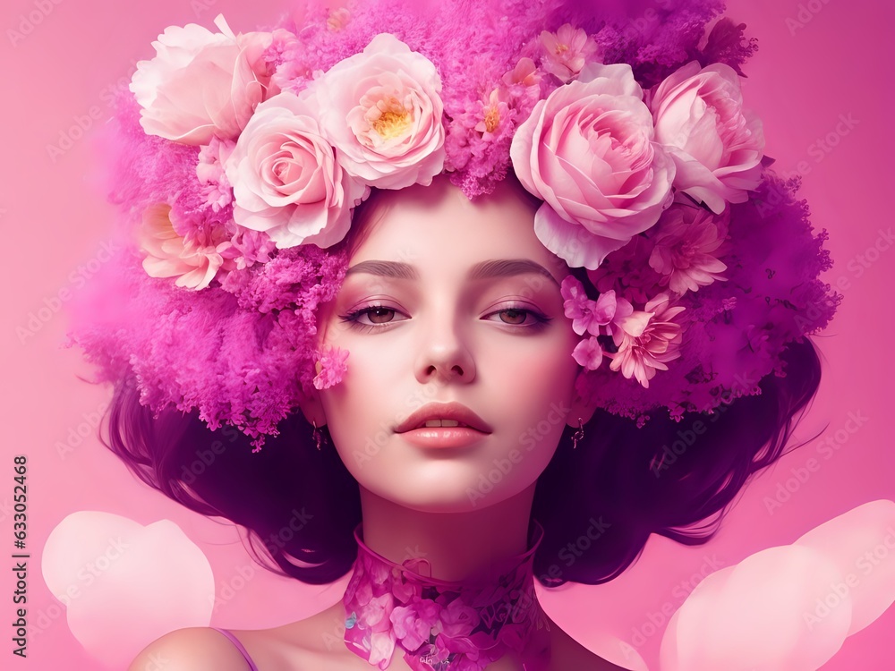 Portrait of fashionable beautiful young women with pink flowers in her hair 