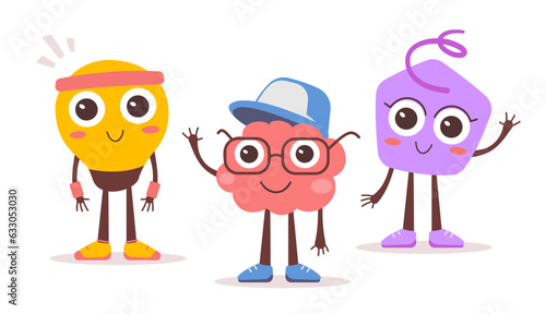 Flat style design of brain in cap, light bulb and geometric shape character friend for web, banner, poster, print. Vector illustration of happy kid character team