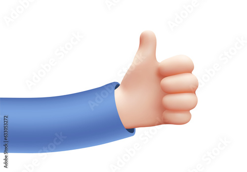 Vector illustration of hand in blue sleeve gesture thumb up sign good on white color background. 3d style emoji design of man white skin hand