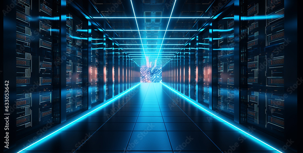 interior of a modern data center for storing computer information with blue neon illumination. Generative Ai. interior of a modern data center for storing computer information with blue neon illumination. Generative Ai.