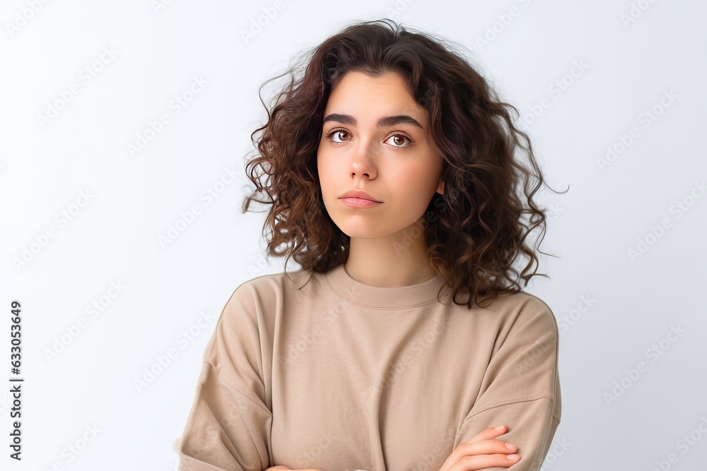 Confident Woman with Attractive Brown Curls and Serious Expression Confident Woman with Attractive Brown Curls and Serious Expression