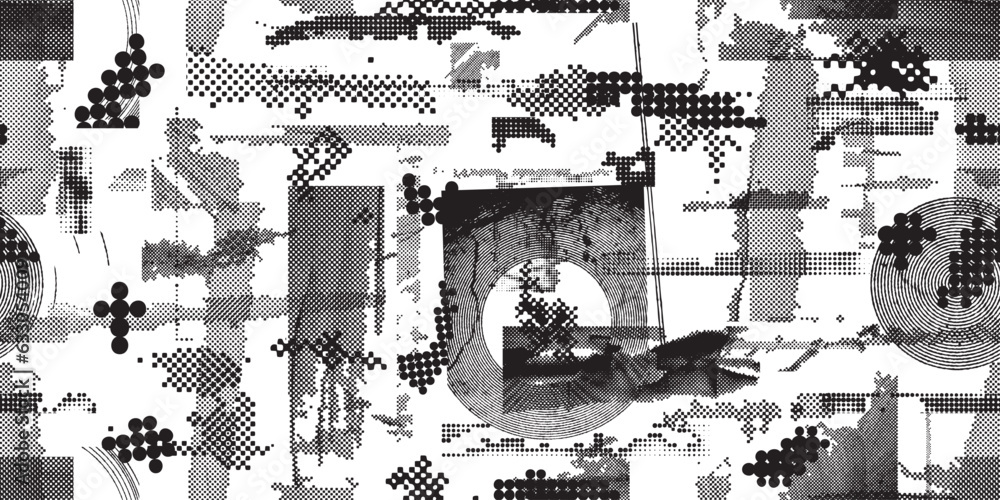Fototapeta premium Glitch distorted grungy abstract forms . Halftone dots seamless pattern texture. Grange shapes .Grunge textured . Vector shapes with half tone dots .Screen print endless pattern texture