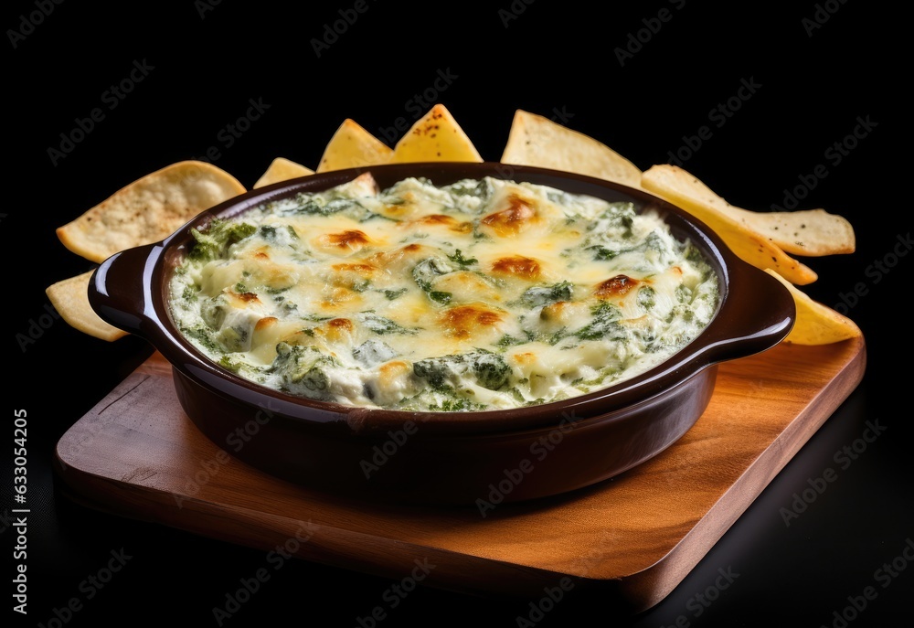 Spinach artichoke dip in a bowl on a wooden board with tortilla chips and black background Spinach artichoke dip in a bowl on a wooden board with tortilla chips and black background