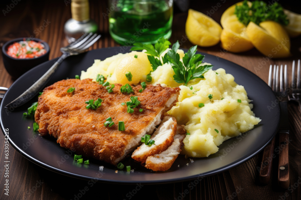 Delicious schnitzel paired with potato salad, presented in an Austrian style. This AI-generated illustration showcases the classic flavors and traditional presentation of this popular dish Delicious schnitzel paired with potato salad, presented in an Austrian style. This AI-generated illustration showcases the classic flavors and traditional presentation of this popular dish