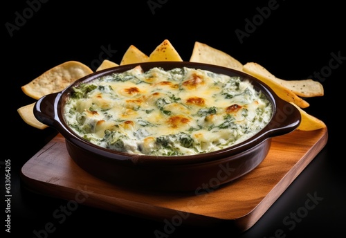 Spinach artichoke dip in a bowl on a wooden board with tortilla chips and black background