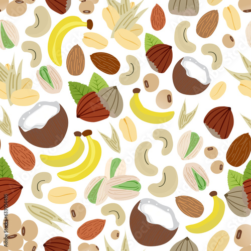 Seamless fruits and nuts pattern on white background. Sources of plant milk pattern. Illustrated Coconut, cashew, hazelnut, oats, pistachio, soy, almond, banana, beans. Vegan. Vector Illustration.
