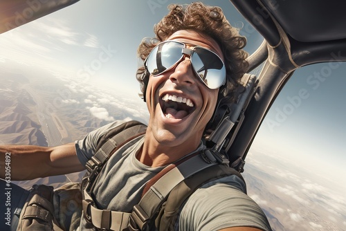 A happy pilot taking selfie in cockpit of helicopter
