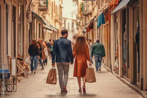 A couple walking along a narrow city street with shopping bags