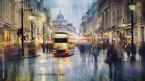 Busy motion blurred London street scene