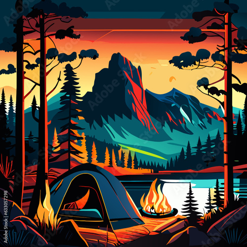 Camping in the forest at sunset. Vector illustration in cartoon style