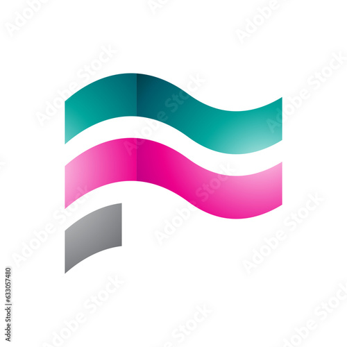 Persian Green and Magenta Wavy Glossy Flag Shaped Letter F Icon