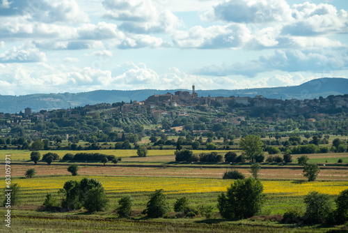 Sweeping view of picturesque Tuscan farms and rolling hills, observed from Castiglion Fiorentino, Italy.