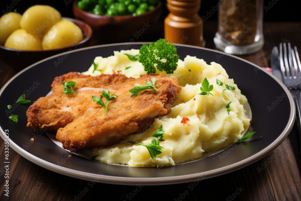 Delicious schnitzel paired with potato salad, presented in an Austrian style. This AI-generated illustration showcases the classic flavors and traditional presentation of this popular dish Delicious schnitzel paired with potato salad, presented in an Austrian style. This AI-generated illustration showcases the classic flavors and traditional presentation of this popular dish