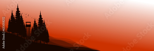 mountain view scenery panorama with pine tree silhouette vector illustration good for wallpaper, backdrop, background, web banner, and design template