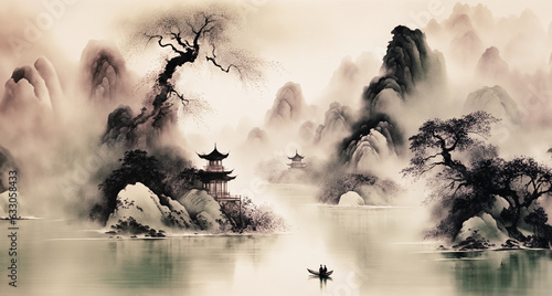 illustrazione di paesaggio con atmosfere calme e tranquille, acque, montagne, vegetazione e templi, tecnica inchiostro diffuso su carta, cina photo