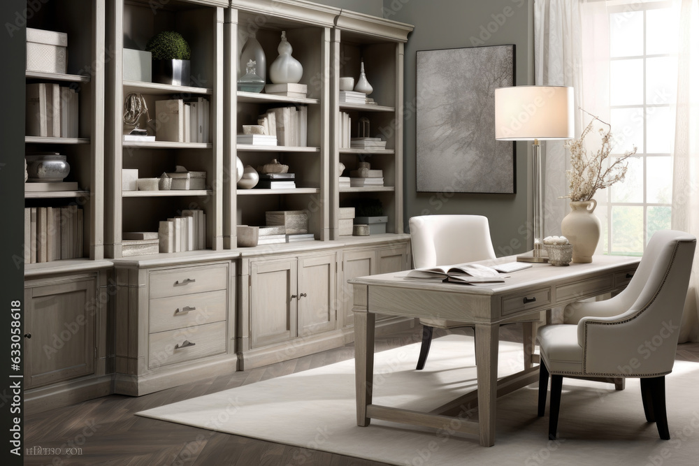 Interior of a room with a workplace at a table with a computer. Luxury solid cabinet furniture Interior of a room with a workplace at a table with a computer. Luxury solid cabinet furniture