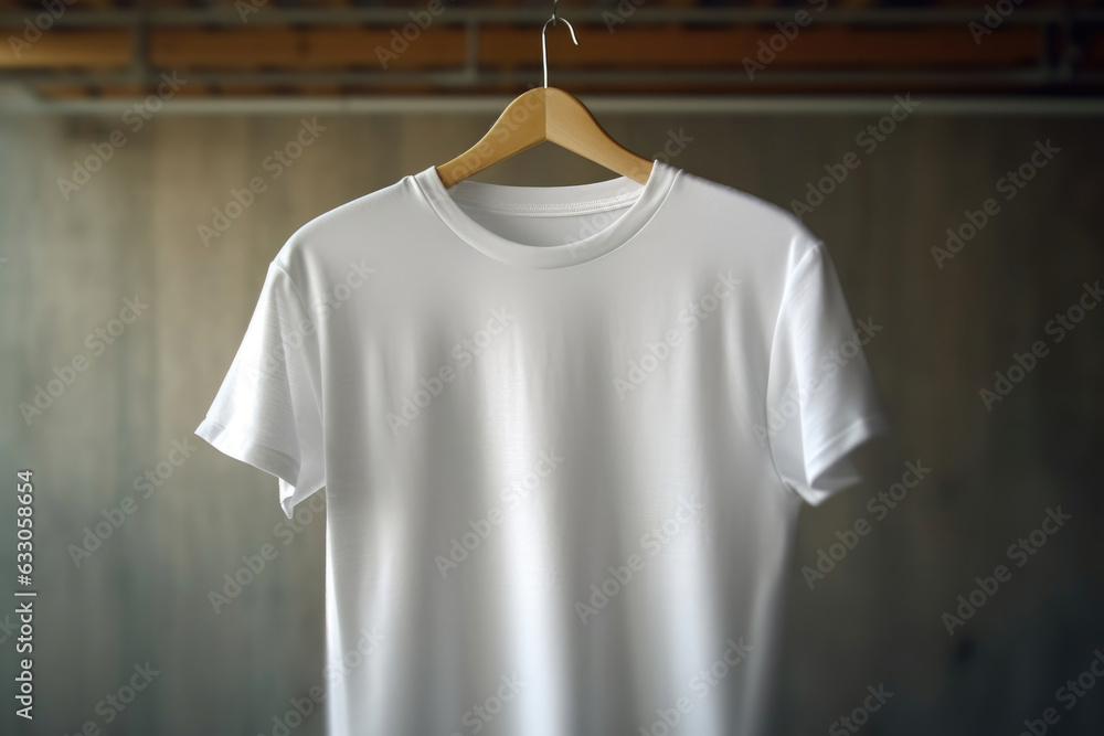 A white T-shirt is hanging on a hanger. A white T-shirt is hanging on a hanger.