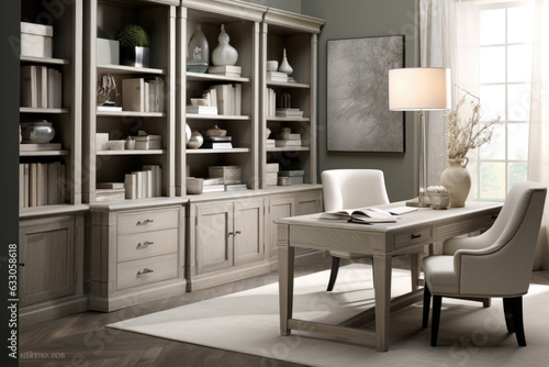 Interior of a room with a workplace at a table with a computer. Luxury solid cabinet furniture