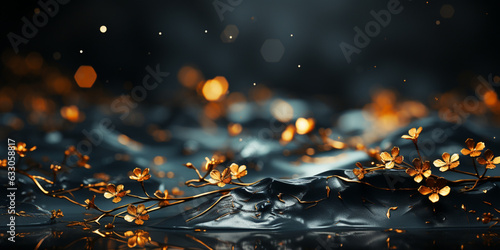 A black background with a grunge texture  embellished with shiny gold lines and shapes. Luxurious black gold background