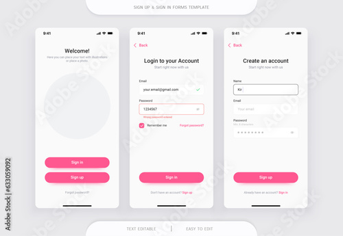 Sign Up and Sign In forms. Registration and login and password forms page for mobile app. Vector template.