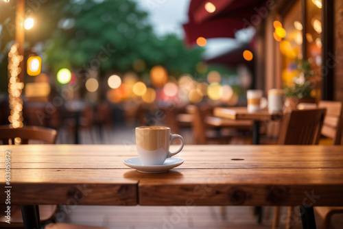 Empty wooden table with a hot cafe on it and bokeh lights blurred outdoor background. Image created using artificial intelligence.