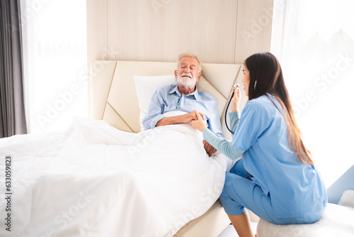 Nurse or doctor give man support during recovery, Caregiver holding hand of senior male patient, showing kindness while doing a checkup at a retirement health insurance, old age at home or hospital