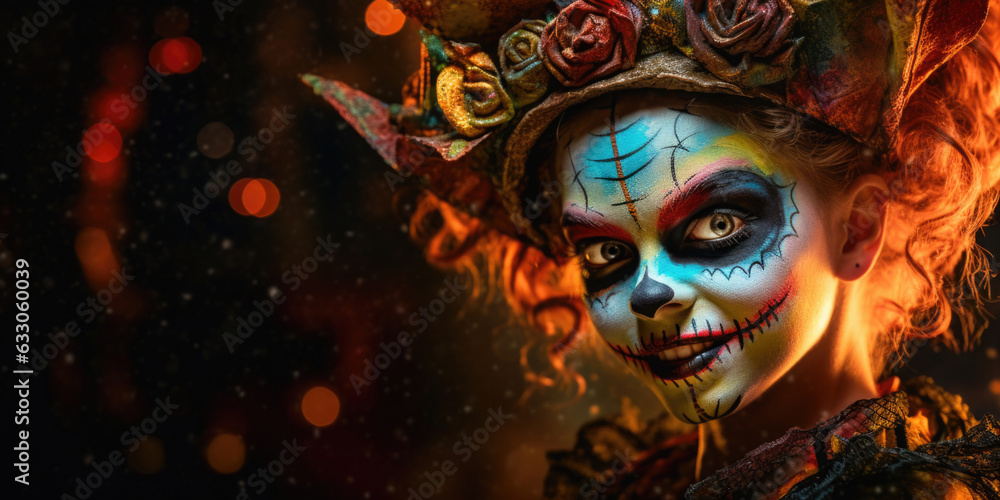 Kid with make-up and in spooky halloween fashion. Image with copy space