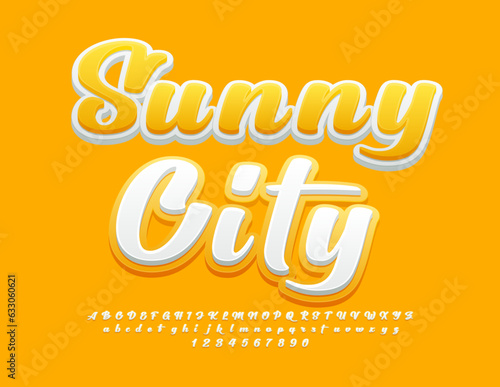 Vector bright banner Sunny City. Yellow and White Alphabet Letters and Numbers set. Beautiful creative Font