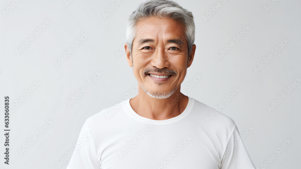 portrait of an 60 year old asian male with short black grayling hair isolated against a white background portrait of an 60 year old asian male with short black grayling hair isolated against a white background