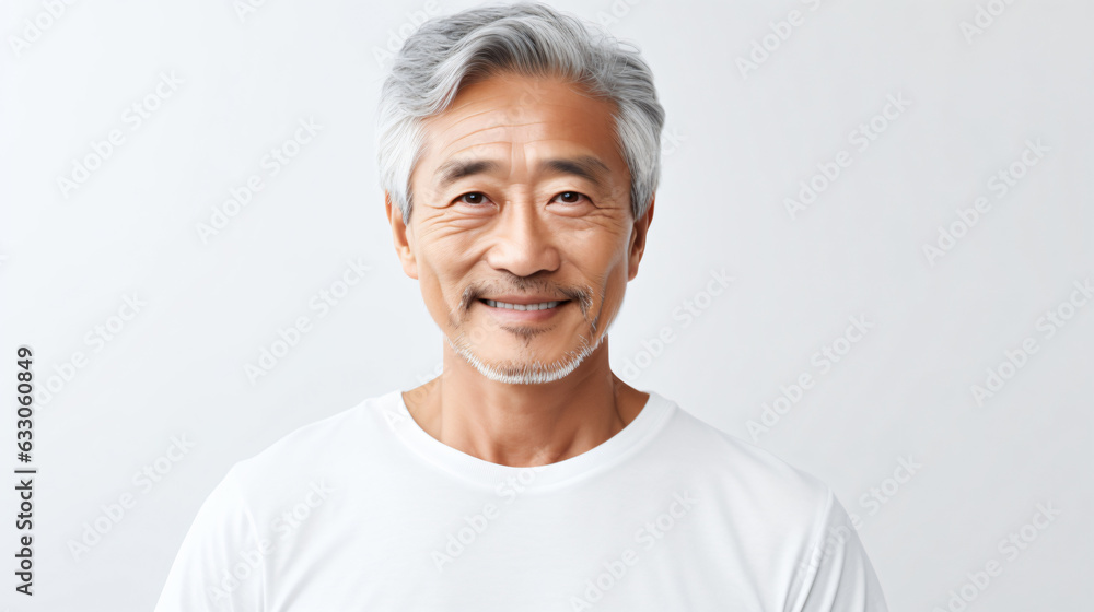 portrait of an 60 year old asian male with short black grayling hair isolated against a white background portrait of an 60 year old asian male with short black grayling hair isolated against a white background