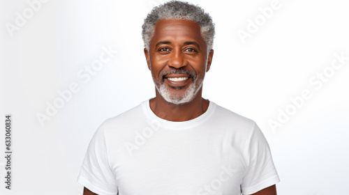 portrait of an 60 year old afro american male with short black grayling hair isolated against a white background photo