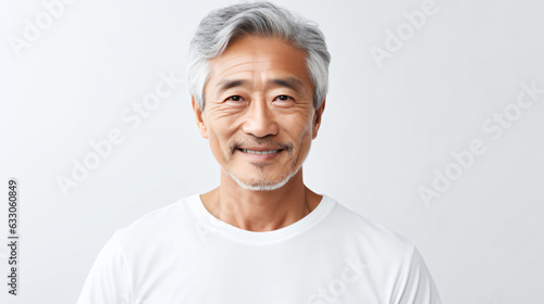 portrait of an 60 year old asian male with short black grayling hair isolated against a white background