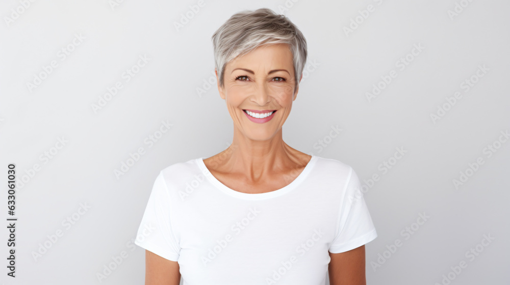 portrait of an 60 year old caucasian female with short grayling hair isolated against a white background portrait of an 60 year old caucasian female with short grayling hair isolated against a white background