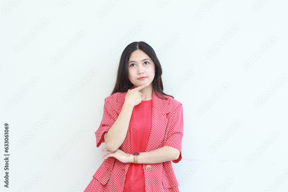 portrait of beautiful asian woman wearing red outfit with thinking gesture portrait of beautiful asian woman wearing red outfit with thinking gesture